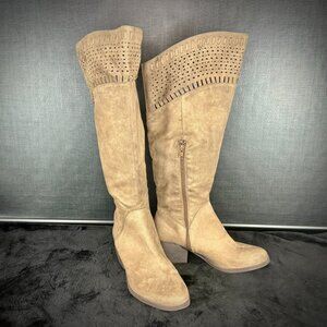 David Aaron Taupe Knee High Perforated Boots